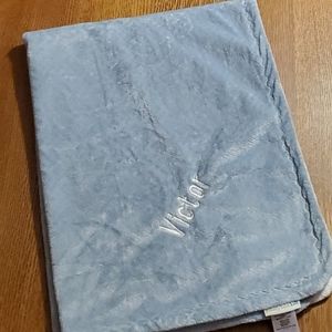 Pottery Barn Kids Soft & Cuddly Faux Fur Blanket- monogrammed "Victor"- lt.blue